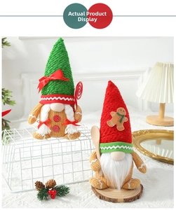 Detail of gingerbread style Christmas gnomes with knitted hats and holiday props