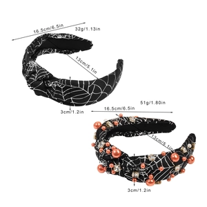 Halloween knot headbands with spider web print and pearls shown with size specifications
