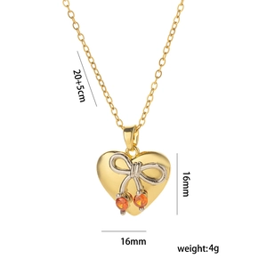 Titanium steel heart pendant necklace with orange gemstone and silver bow accent