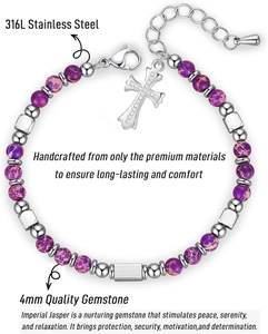 Detail of 4mm purple imperial jasper beads and 316L stainless steel cross charm bracelet