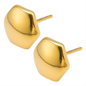 Detail view of gold geometric stud earrings with polished mirror finish and pebble shape