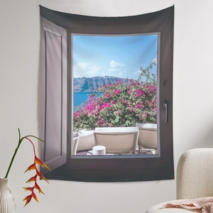 Detail view of wall tapestry featuring Mediterranean sea landscape through window