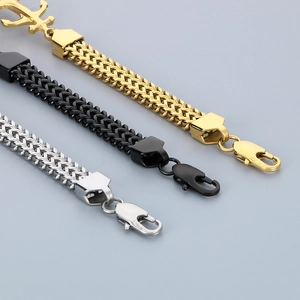 Detailed view of stainless steel Cuban link bracelets in gold, black, and silver finishes