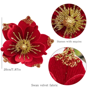 Red 20cm velvet artificial Christmas flower with gold sequins and luxury fabric texture