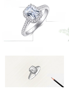 Detailed view of S925 sterling silver ring with halo emerald cut zircon and design sketch
