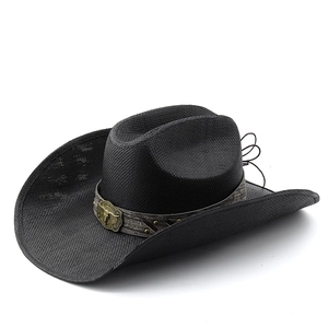 Chapeau de cowboy western tressé noir avec boucle de taureau en métal et rivets