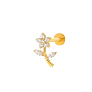 Titanium labret stud with gold flower and marquise leaves set with sparkling crystals