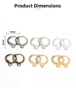 Detailed view of DIY earring hooks in six metallic finishes with 13mm by 15mm dimensions