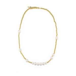 Hip-hop style titanium steel necklace featuring alternating gold beads and white pearls
