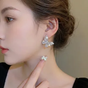 Elegant butterfly stud earrings and ring set with sparkling zircons and cat eye stones