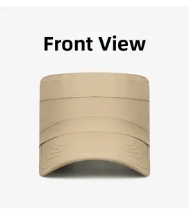 Front view of a quick-dry khaki flat top military cap with fine stitching and curved brim