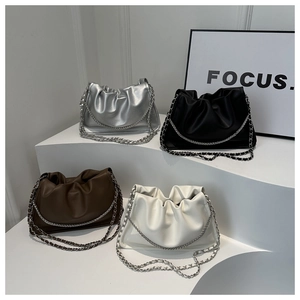 Minimalist soft PU drawstring bucket bags in four colors with silver chain straps