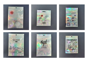 Detailed grid of laser iridescent resealable pouches with colorful holographic effects