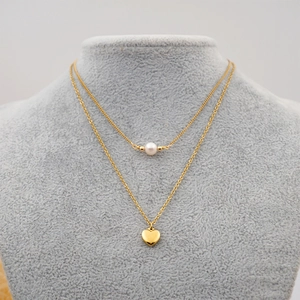 Double Layered Necklace With Freshwater Pearl And Titanium Steel Heart Pendant Gold Color Minimalist Jewelry