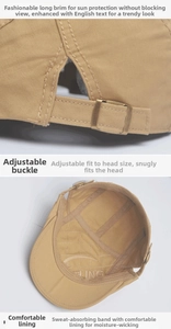 Detail of khaki cotton flat top cap showing metal buckle and inner sweatband