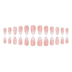 French tip almond press-on nails with white checkerboard and minimalist pink design