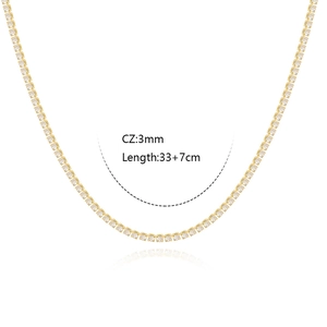 Close-up of golden tennis necklace with 3mm CZ stones and 33+7cm length parameters