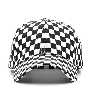 Classic black and white checkerboard baseball cap with six-panel structure on white background