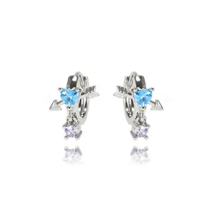 Fashionable heart-shaped silver earrings with blue and purple zircon stones in a drop design