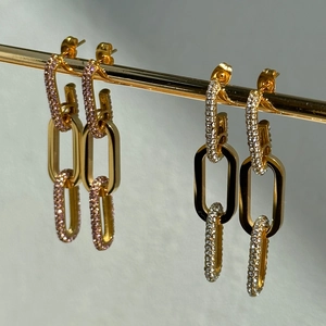 Vintage Gold Plated Titanium Steel Geometric Rectangular Chain Link Drop Earrings With 18K Gold Post Rhinestone Earrings