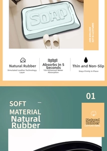 Detail of rubber bathroom mat showing 5-second fast water absorption and non-slip texture