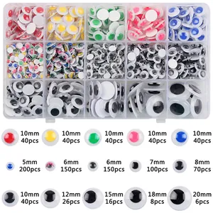 Detailed size chart for assorted plastic googly eyes in various colors and dimensions