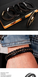 Detailed macro view of multi-layer black braided leather bracelet with magnetic steel clasp