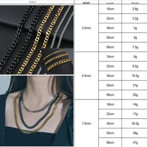 Size chart showing width, length, and weight for titanium steel cuban chain necklaces
