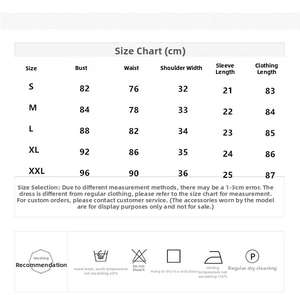 Detailed size chart and washing care instructions for this elegant contrast stitch dress