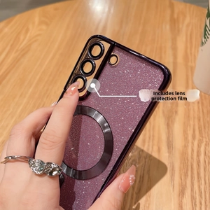 Purple glitter magnetic case for Samsung S23 Ultra with integrated camera lens protection