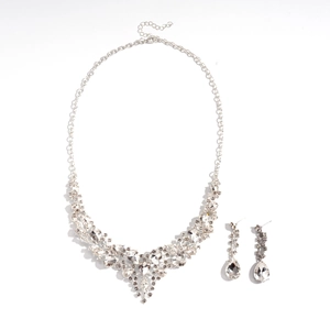 Elegant silver V-shaped necklace and drop earrings set with shimmering crystals