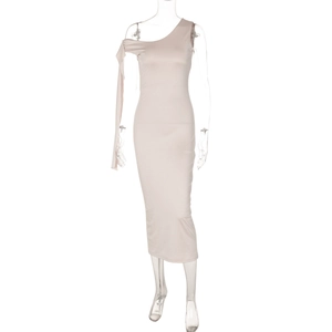 Detail of off-white one-shoulder midi dress featuring elegant shoulder ribbon design