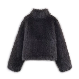 Women's faux fur short coat in dark charcoal grey, back view layout on white background