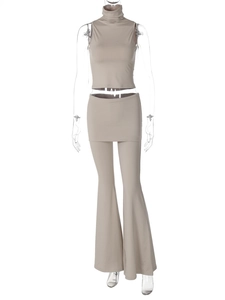 Three-piece rib-knit set with high-neck sleeveless top, skirt, and flared trousers in taupe