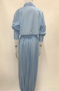 Back view of light blue striped two-piece set featuring cropped shirt and high-waist pants