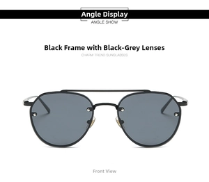 Detail of pilot sunglasses featuring a thin black metal frame and dark grey lenses