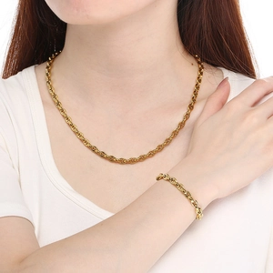Close-up of golden stainless steel pig nose chain necklace set worn by a model