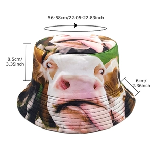 Funny cow print bucket hat showing dimensions for outdoor sun protection and style