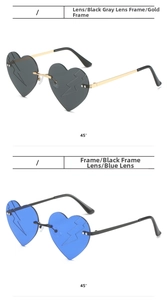 Detail view of heart-shaped rimless sunglasses featuring unique lightning bolt lens patterns