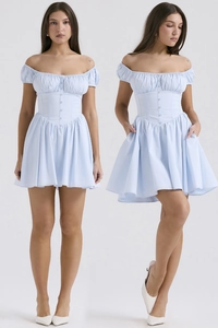 Detailed view of light blue puff sleeve mini dress with button front and ruched waist