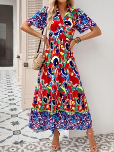 Robe longue fleurie avec col en V et jupe à étages en imprimé abstrait multicolore