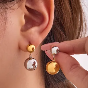 Minimalist Stainless Steel Hollow Round Ball Drop Earrings PVD 18K Gold Plated Bicolor Mirror Polished For Women