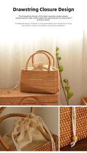 Detail of hand-woven rattan picnic basket with drawstring fabric lining and dual round handles
