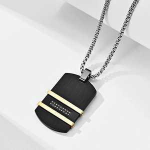 Men's black rectangular stainless steel pendant with gold stripes and black zircons
