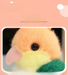 Close-up of soft colorful parrot plush toy with fluffy texture and beaded eyes