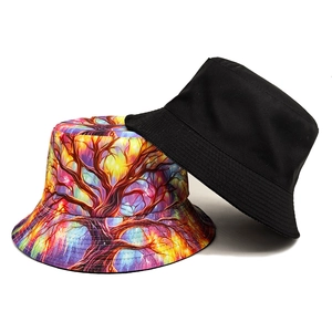 Outdoor foldable cotton bucket hats in solid black and colorful tree pattern design
