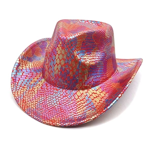 Detail of colorful metallic snakeskin texture on a wide brim western cowboy party hat