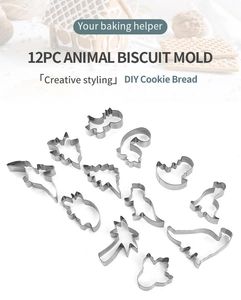 Close-up of 12-piece animal-shaped stainless steel cookie cutters for DIY baking