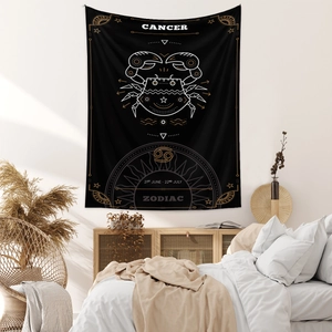 Detail of Cancer zodiac tapestry with gold embroidery on black fabric for wall decor