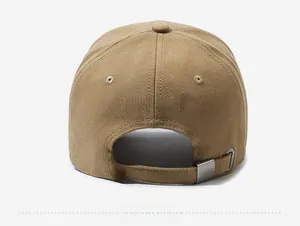 Detail view of khaki baseball cap back with speed embroidery and metal buckle strap